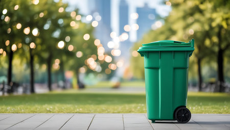 Green garbage bin in the park with bokeh light background.の素材