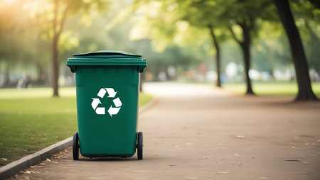 Green recycle bin in public park, Recycle bin in public parkの素材