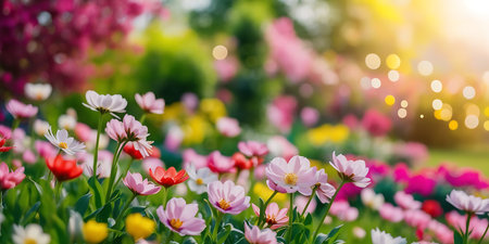 Colorful tulip flowers blooming in the garden. Nature backgroundの素材