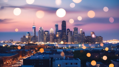 Chicago skyline at sunset with bokeh lights, Illinois, USAの素材