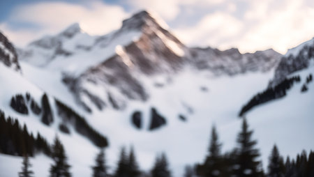 Blurred view of snow capped mountain peaks at sunset. Beautiful winter landscape.の素材