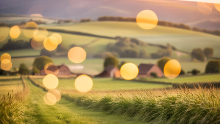 Beautiful rural landscape in the evening light with bokeh effectの素材