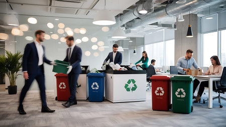 Group of business people throwing garbage into trash can in office. Recycling conceptの素材
