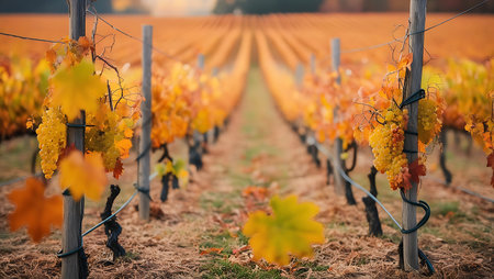 Vineyards in autumn colors at sunset. Rows of vineyards with yellow and red leaves.の素材