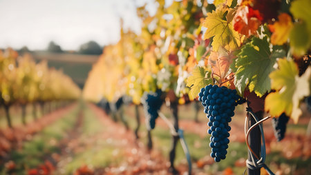 Ripe grapes in vineyard on sunny autumn day, closeupの素材