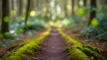 Pathway in the forest with green moss and blurred bokeh backgroundの素材