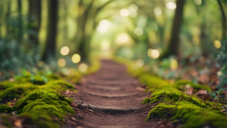 Path in the forest with green moss and blurred bokeh backgroundの素材