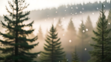 Blurred background of coniferous forest in foggy morning.の素材