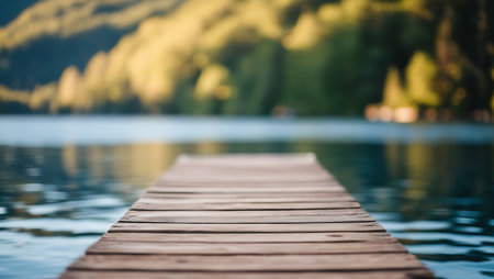 Wooden pier on the lake. Blurred background and bokeh.の素材