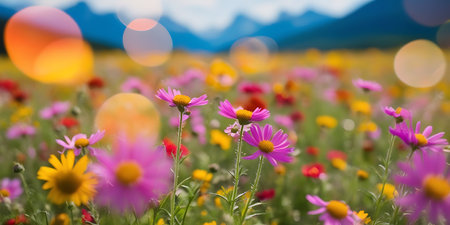 Flower field in the mountains with bokeh and sun lightの素材