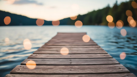 Wooden pier on a lake with bokeh lights at sunsetの素材