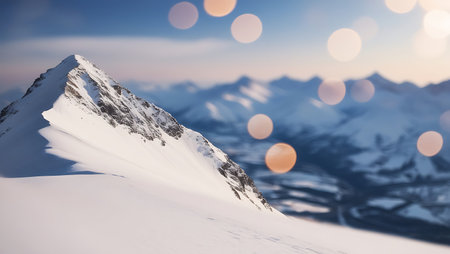 Snowy mountains at sunset. Beautiful winter landscape with sunbeamsの素材