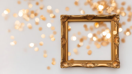 Golden photo frame on white background with bokeh defocused lightsの素材
