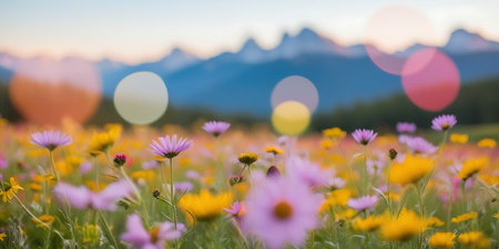 Colorful daisies in the meadow with mountains in the backgroundの素材