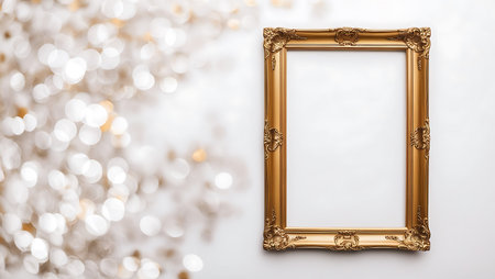 Empty golden picture frame on bokeh background. Christmas and New Year conceptの素材