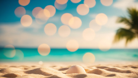 Blur tropical beach with bokeh sun light wave abstract backgroundの素材