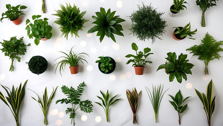 Creative layout made of different green plants in pots on white backgroundの素材
