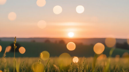 Sunset over wheat field, blurred background with bokeh effectの素材