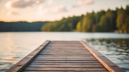 Wooden pier on the lake at sunset in the summer. Blurred backgroundの素材