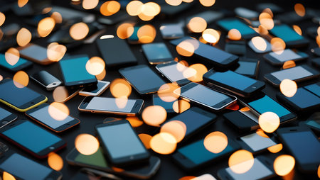 Many mobile phones on dark background with bokeh effect. 3D Renderingの素材