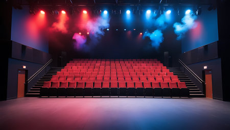 Empty cinema auditorium with red seats and spotlights. 3D renderingの素材