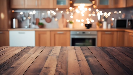 Empty wooden table and blurred kitchen background. Ready for product display montageの素材