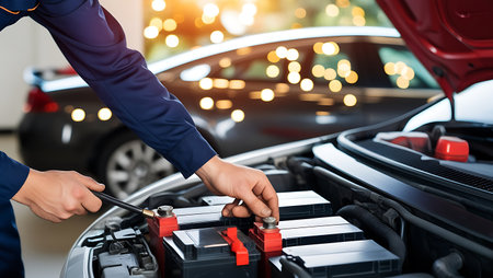 Car mechanic checking car battery in auto repair shop. Car service and maintenance concept.の素材