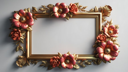 3d render of golden frame with red flowers on gray background.の素材