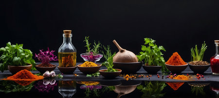 Variety of spices and herbs in wooden bowls on black background.の素材