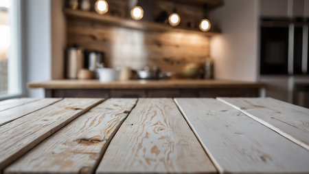 Empty wooden table in front of blurred background of modern kitchen interior.の素材