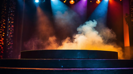 Stage lights and smoke on a dark background. The stage is illuminated by a spotlight.の素材