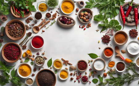 Spices and herbs on white background. Food and cuisine ingredients.の素材