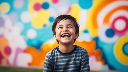 Portrait of a cute little boy laughing in front of colorful wallの素材