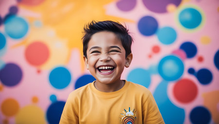 Portrait of happy boy smiling at camera against colourful background with circlesの素材