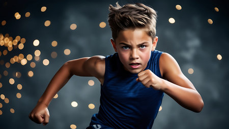 Portrait of a cute little boy on a dark background with lightsの素材