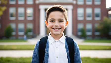 Portrait of smiling schoolboy standing in front of school building on campusの素材