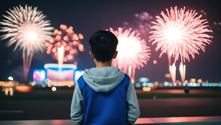 Back view of asian woman looking at fireworks in the night skyの素材