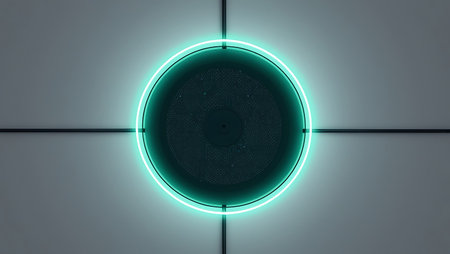 Glowing neon target on gray background. 3D rendering illustration.の素材