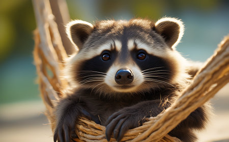 Portrait of a raccoon sitting in a hammock outdoors.の素材
