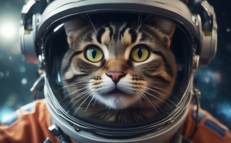 Portrait of a cat in an astronaut helmet. Space background.の素材