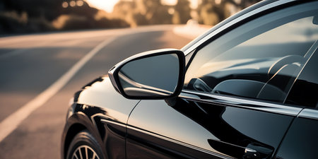 Side view of modern black car on the road. Concept of modern car.の素材