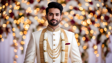 indian young man in traditional indian costume on bokeh backgroundの素材