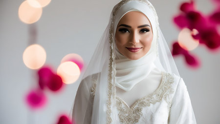 portrait of beautiful muslim woman with veil and flowers in backgroundの素材