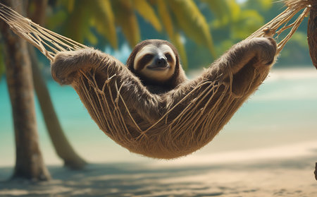 Cute sloth hanging on a hammock on the beach.の素材