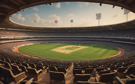 3D rendering of a large baseball stadium with floodlights and seatsの素材