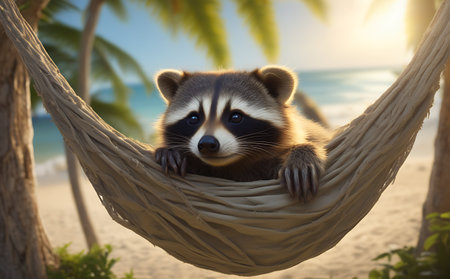 Cute raccoon in hammock on the beach at sunset.の素材