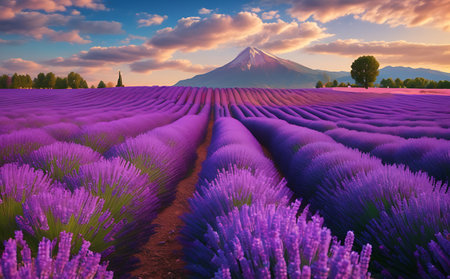 Beautiful lavender field and Mt.Fuji at sunset.の素材