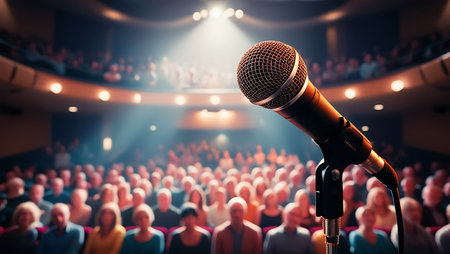 Microphone in conference hall or seminar room with attendee background.の素材