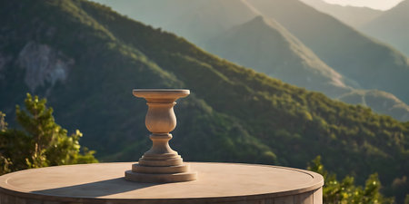 Wooden vase on the table against the background of the mountainsの素材