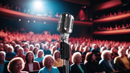 Microphone in conference hall or seminar hall. Audience at the conference hallの素材